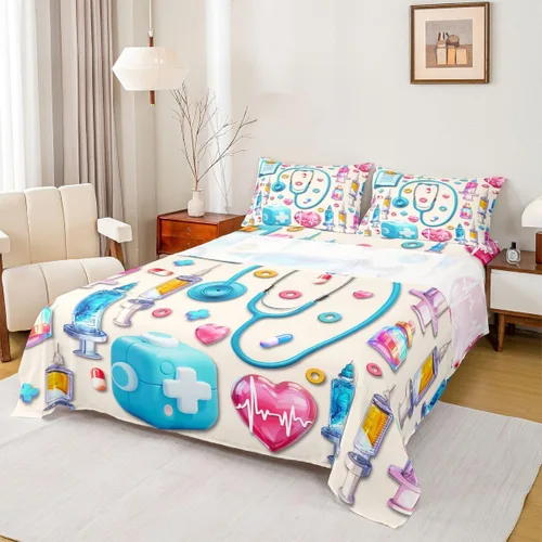 Miniatura 57 de Erosebridal Nurse Sheet Set Stethoscope Twin Sheets Set for Teen Boys,Colorful Medical Healthcare Heartbeat Syringe Fitted Sheet