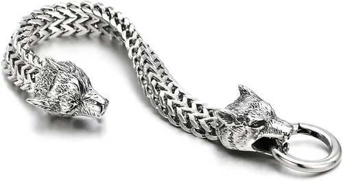 Miniatura 4 de COOLSTEELANDBEYOND Biker - Pulsera de acero inoxidable para hombre con cabeza de lobo con cierre de anillo de resorte