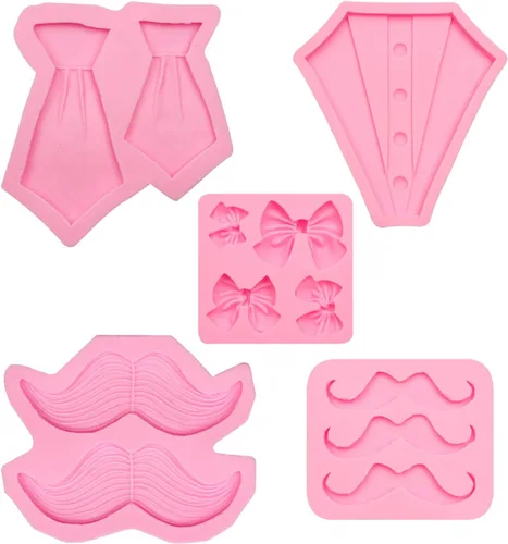 Miniatura 9 de Moldes para bigote para el Día del Padre, 5 paquetes de silicona para decoración de tartas, moquin, corbata, para caballeros, baby shower, cupcakes
