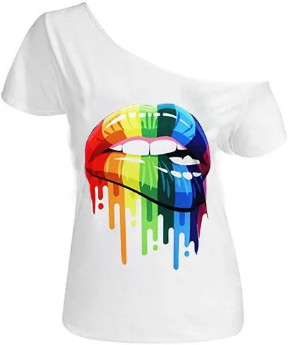Miniatura 43 de MAGICMK - Camiseta casual para mujer, con estampado de labios y hombro descubierto, talla extragrande