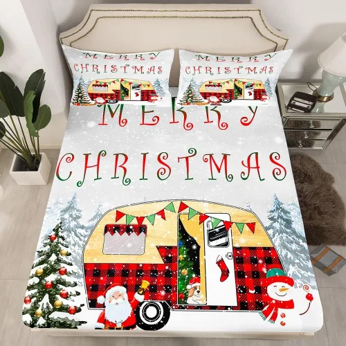 Miniatura 20 de Erosebridal Sábana bajera ajustable de Papá Noel con bolsillo profundo para niños, niñas y niños, juego de ropa de cama de Navidad para niños