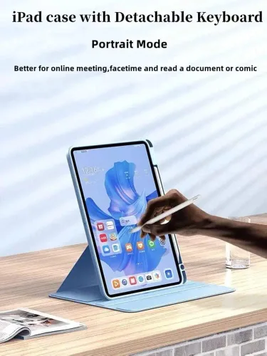 Miniatura 5 de Funda para iPad de 9ª/8ª/7ª generación con teclado de 10.2 pulgadas, cubierta inteligente giratoria con teclado redondo magnético desmontable, azul