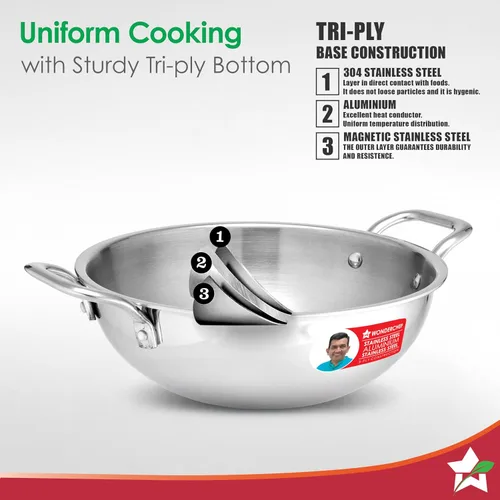Miniatura 2 de Wonderchef Venice Triply Stainless Steel 3 Pc. Cookware Set Fry Pan 20cm, Kadhai with Lid 24cm Non-Toxic Safe to Use Uniform Heating