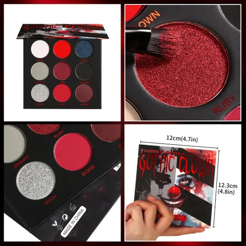 Miniatura 7 de Paleta de sombra de ojos Afflano Negro Rojo para maquillaje de Halloween de estilo gótico y payaso, paleta de sombras de ojos blancas, plateadas