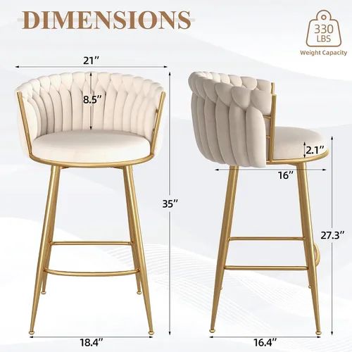 Miniatura 3 de ABET Taburete de Bar Dorado 1UN, Taburetes Giratorios de Terciopelo, Taburetes de Altura Ajustable con Respaldo Tejido, Taburetes de Cocina Modernos