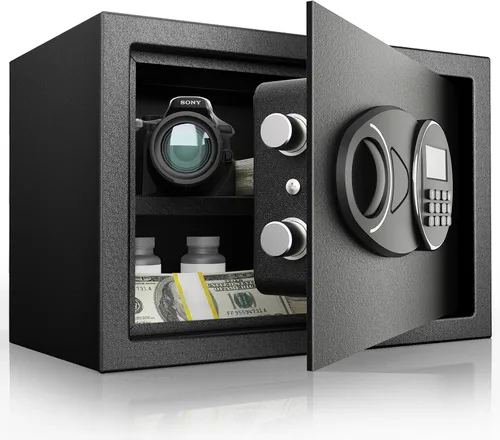 Goldenkey Caja fuerte clásica grande de 1.6 pies cúbicos con puerto de carga, caja fuerte digital de acero con estante, se adapta a laptop, joyas y