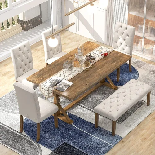 Miniatura 13 de Harper & Bright Designs Juego de mesa de comedor de granja de 6 piezas con banco, mesa de comedor de madera con 4 sillas y un banco para cocina