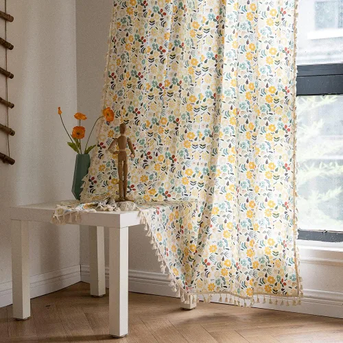 Miniatura 104 de Deeprove Cortinas bohemias para dormitorio, rayas huecas de ganchillo crema y estampado floral, tela de lino de algodón, con borlas beige bohemias