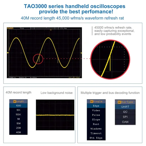 Miniatura 2 de OWON Osciloscopio digital de mano TAO3102 de 2 canales de 8 pulgadas con ancho de banda de 100 MHz y frecuencia de muestreo de 1GS/s, multímetro
