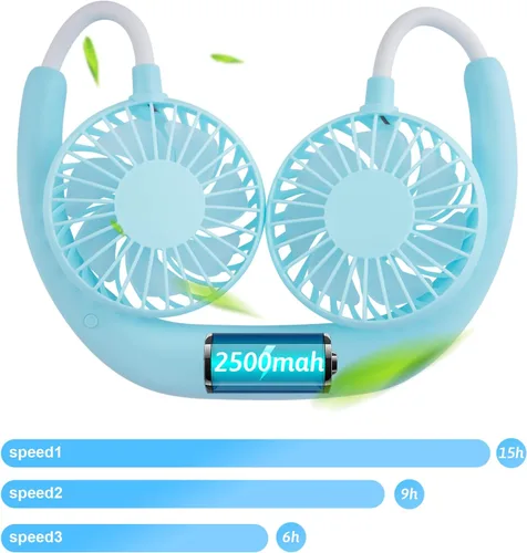 Miniatura 5 de Ventilador portátil para el cuello de mano libre, USB, cuelga del cuello, rotación libre de 360 grados, ventilador de refrigeración personal de Azul