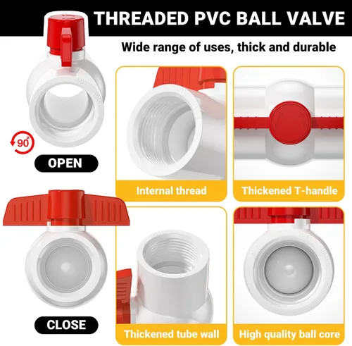 Miniatura 3 de Válvula de bola de PVC NPT de 1 pulgada, válvulas de tubería de agua de PVC SCH40 roscadas, válvula de bola de cierre de agua con mango en T roja