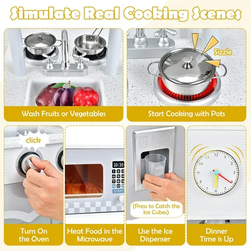Miniatura 2 de HONEY JOY Juego de cocina para niños, cocina de doble cara para niños pequeños, horno y fregadero, dispensador de cubitos de hielo, utensilios