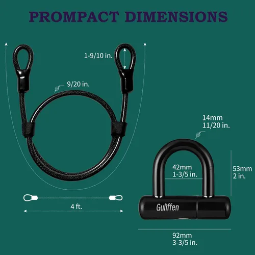 Miniatura 2 de Guliffen Candado en U para bicicleta con cable, cable de seguridad de 15 pies con bucles, cadena antirrobo resistente y cerradura para motocicletas