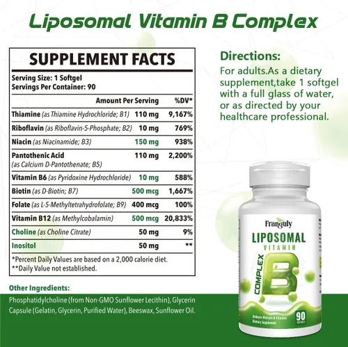 Miniatura 9 de Methylated B Complex,Liposomal Methyfolate 5-MTHF,Methylated B12 Complex,Ultra High Absorption with Choline Inositol-Supports Methylation,Energy and