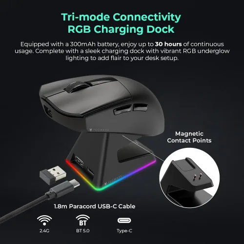 Miniatura 4 de TECWARE EX1 - Mouse ligero para juegos Mouse inalámbrico de 26 K DPI con pantalla OLED Diseño ultraligero de 2.08 oz Base de carga RGB Negro
