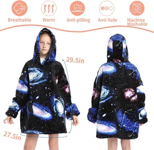 Miniatura 3 de JAMBHALA Manta de gran tamaño con capucha para niños, sudadera con capucha de franela cálida y esponjosa con bolsillos para niños y adolescentes