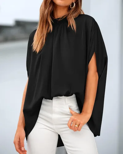 Miniatura 139 de BTFBM Blusas de verano para mujer, cuello alto falso, manga murciélago, holgadas, dobladillo alto y bajo, blusas informales de gran