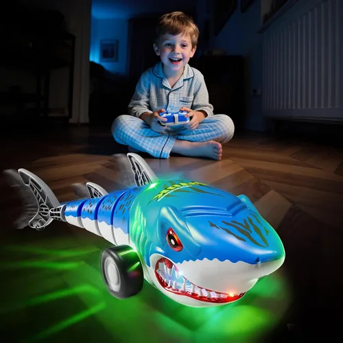 Miniatura 4 de Juguetes de coche de tiburón a control remoto, camión de tiburón RC con luces LED, control remoto, camión de tiburón todo terreno para interiores