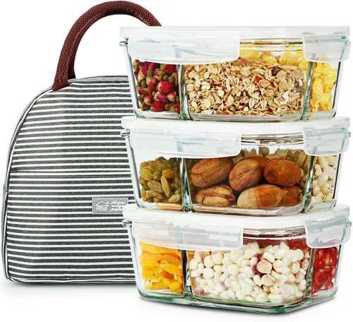 Miniatura 9 de DAS TRUST Paquete de 3 recipientes de almacenamiento de alimentos, 2 compartimentos, recipientes de vidrio para preparación de comidas con tapas