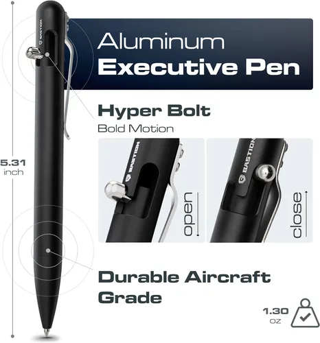 Miniatura 2 de BASTION Bolt Action Pen - Bolígrafo HyperBolt EDC de aluminio negro, bolígrafo de escritura de metal premium, tinta suave, bolígrafo de bolsillo