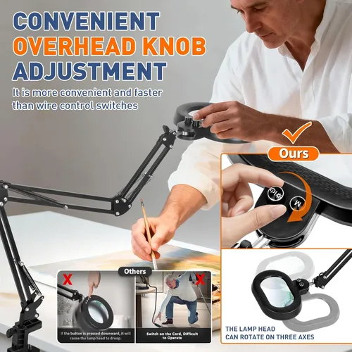 Miniatura 3 de KIRKAS Lupa de 12X con luz, rotación de tres ejes, lupa de brazo extra largo para banco de trabajo, reparación de manualidades, costura, lupa