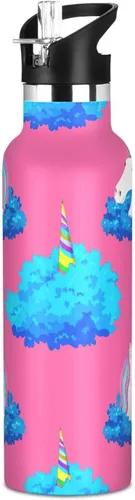 Water Bottle for Kids with Straw 20 Oz Bottle for Boys Girls, BPA-Free, Unicorn Blue Pink