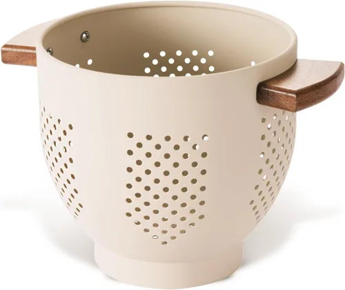 Miniatura 17 de Colador de metal con mango de madera y base estable, cesta coladora de cocina de acero con recubrimiento en polvo para escurrir pasta, verduras