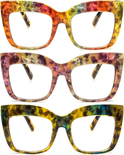 Gafas de lectura de gran tamaño para mujer, paquete de 3 unidades, lentes retro con filtro de luz azul, gafas cuadradas con marco grande Esmalte de