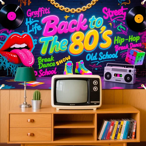 Miniatura 4 de Telón de fondo de Back to The 80's de 6 x 3.6 pies, decoraciones de fiesta de los años 80, telón de fondo de los años 80, pared de graffiti de hip