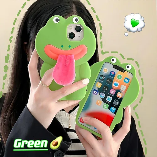 Miniatura 4 de Fundas de Teléfono Kawaii Compatibles con iPhone 13 Pro, Lindo Dibujo Animado Rana Verde con Lengua de Felpa Mujeres Niñas Cubierta de Silicona Rana