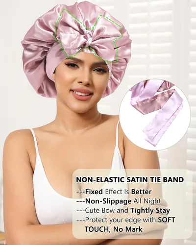 Miniatura 5 de Gorras de satén de seda para mujeres, envoltura de cabello rizado para dormir, gorra reversible con banda de corbata, gorra de dormir de doble capa