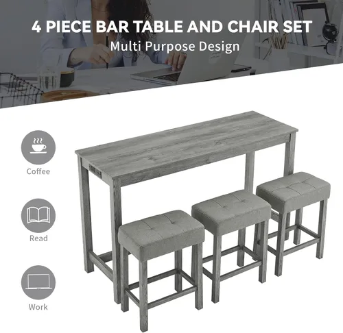 Miniatura 5 de Juego de mesa de bar industrial de 59" de 4 piezas con toma de corriente incorporada, mesa de sofá detrás del sofá con 3 taburetes tapizados