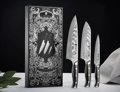 Miniatura 7 de Juego de 3 cuchillos de damasco con acero de damasco VG10 de alta calidad, juego de cuchillos de cocina japoneses profesionales ultra afilados