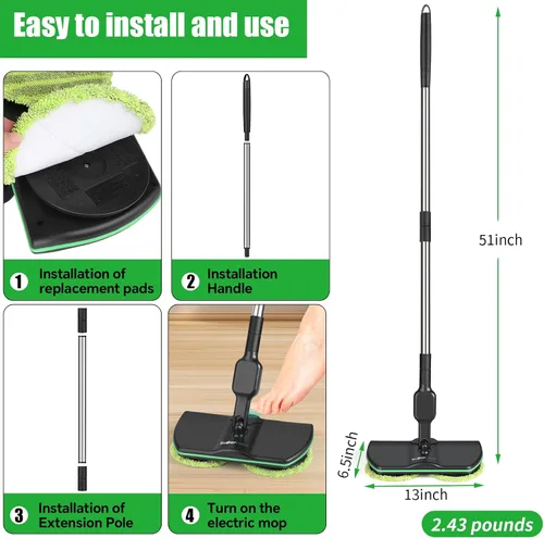 Miniatura 4 de Trapeador eléctrico giratorio, almohadilla de limpieza máxima de 13 pulgadas, trapeador eléctrico inalámbrico, limpiador de piso laminado