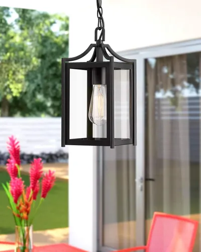 Miniatura 7 de Lámpara Colgante para Exteriores, 14" Luz Colgante Moderna Grande para Porche con Cadena Ajustable, Linterna Colgante Exterior Negra con Vidrio