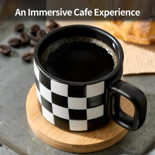 Miniatura 3 de LUKA Tazas de Porcelana Apilables a Cuadros Blancos y Negros para Espresso con Platillos y Soporte de Metal, Juego de Tazas Pequeñas de Cerámica