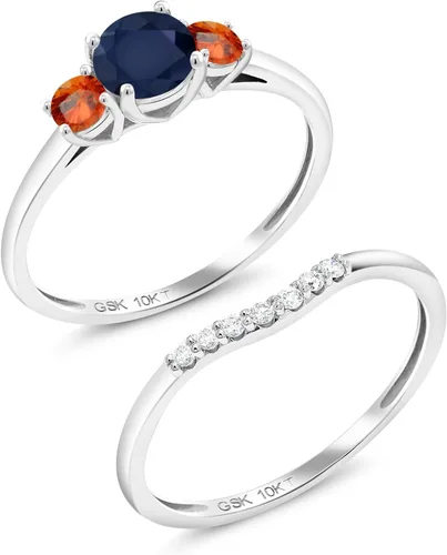 Miniatura 2 de Gem Stone King Anillo de boda de 3 piedras de oro blanco redondo de 10 quilates con zafiro azul y zafiro naranja y diamante cultivado en laboratorio