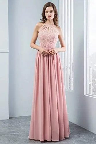 Miniatura 3 de Vestido de dama de honor de gasa con encaje halter para mujer