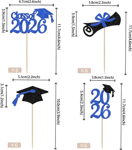 Miniatura 2 de Rsstarxi Paquete de 24 adornos para cupcakes de graduación 2026, con purpurina azul, para la clase de 2026, para diplomas, 24 piezas (6 diseños)