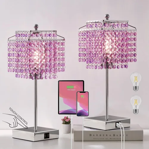 Miniatura 11 de Luvkczc Lámpara de Mesa de Cristal con Control Táctil Juego de 2, Lámpara de Mesa de Noche USB con Puertos USB C+A, Lámpara Regulable con Pantalla