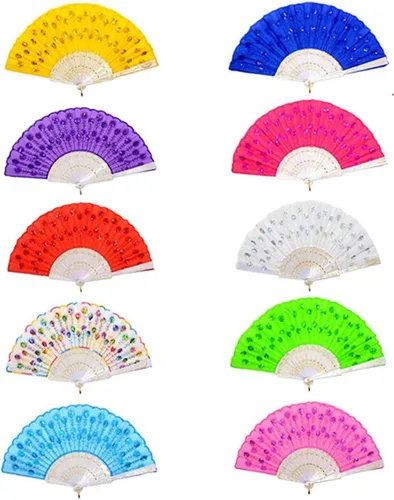10 abanicos de mano plegables de tela colorida con patrón de pavo real, abanicos de mano plegables españoles para regalos de boda, decoración de