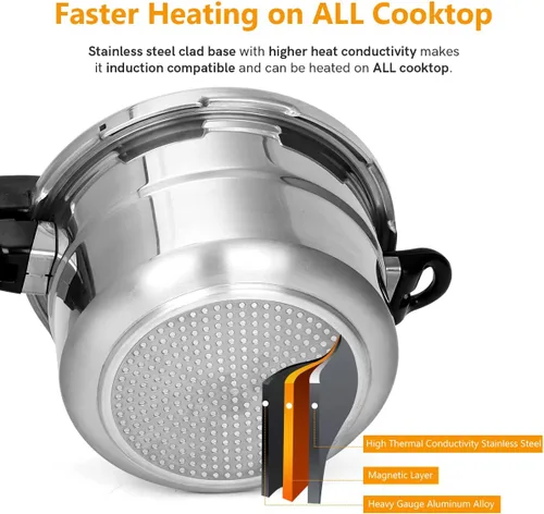 Miniatura 4 de BreeRainz Olla a Presión de 5.3 Cuartos, Envasadora a Presión Compatible con Inducción de 10 PSI con Base Revestida de Acero Inoxidable de Panal