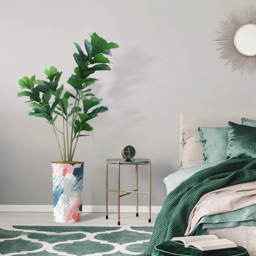 Miniatura 5 de Árbol artificial en macetero contemporáneo con patrón de margaritas, árbol de seda falso Ficus Lyrata para decoración del hogar en interiores