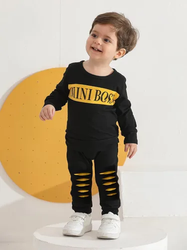 Miniatura 5 de Conjunto de 2 piezas de sudadera con estampado de letras de manga larga y pantalones para bebé niño
