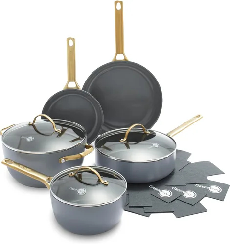 GreenPan Juego de 8 ollas y sartenes de cerámica anodizada dura, antiadherentes, asas de acero inoxidable en tono dorado, sin PFAS y PFOA, apto para