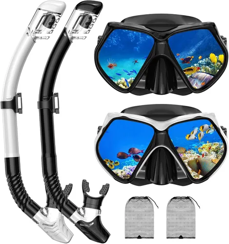 Miniatura 14 de Equipo de esnórquel para adultos, conjunto de esnórquel máscara de buceo con parte superior seca, gafas de natación para adultos con cubierta
