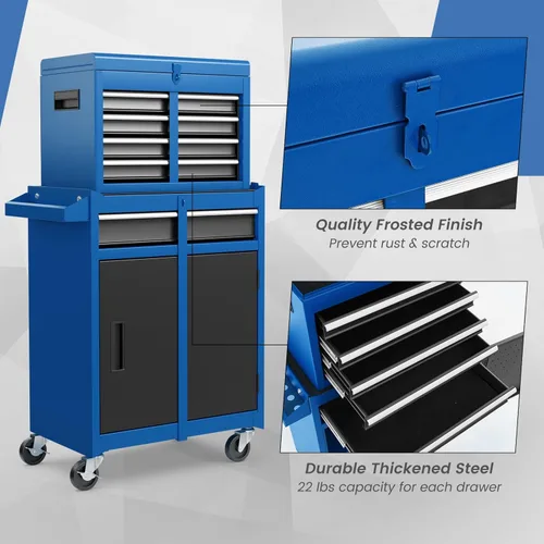 Miniatura 8 de ERGOMASTER Caja de herramientas con ruedas resistente con gabinete de 5 cajones para armario con cerradura y extraíble para garaje y taller - azul
