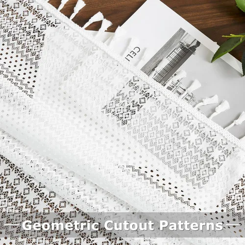 Miniatura 5 de Paneles de cortina cortos de encaje blanco transparente con borlas, cortinas bohemias para sala de estar, diseño de patrón geométrico bordado