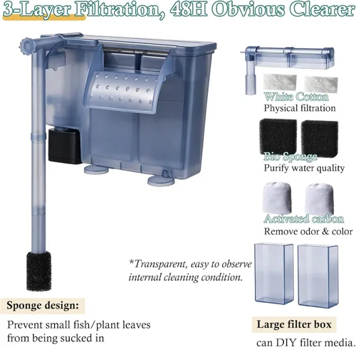 Miniatura 4 de Filtro de acuario para colgar de 5 W: filtro ultra silencioso para tanque de peces de 124 GPH con esponja de filtro y carbón activado, filtro