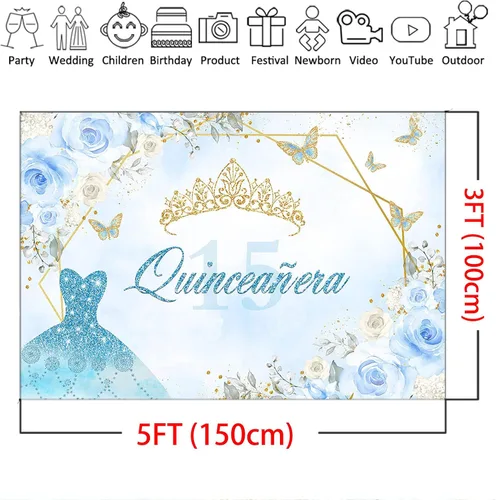 Miniatura 4 de Mocsicka Telón de fondo de quinceañera para cumpleaños de 15 años con corona dorada para fotos, fondo de fotografía de princesa real Mis membrillo